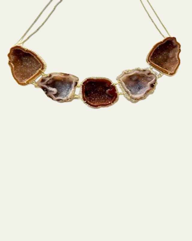 18K Gold Large Five Geode Station Necklace with Diamonds